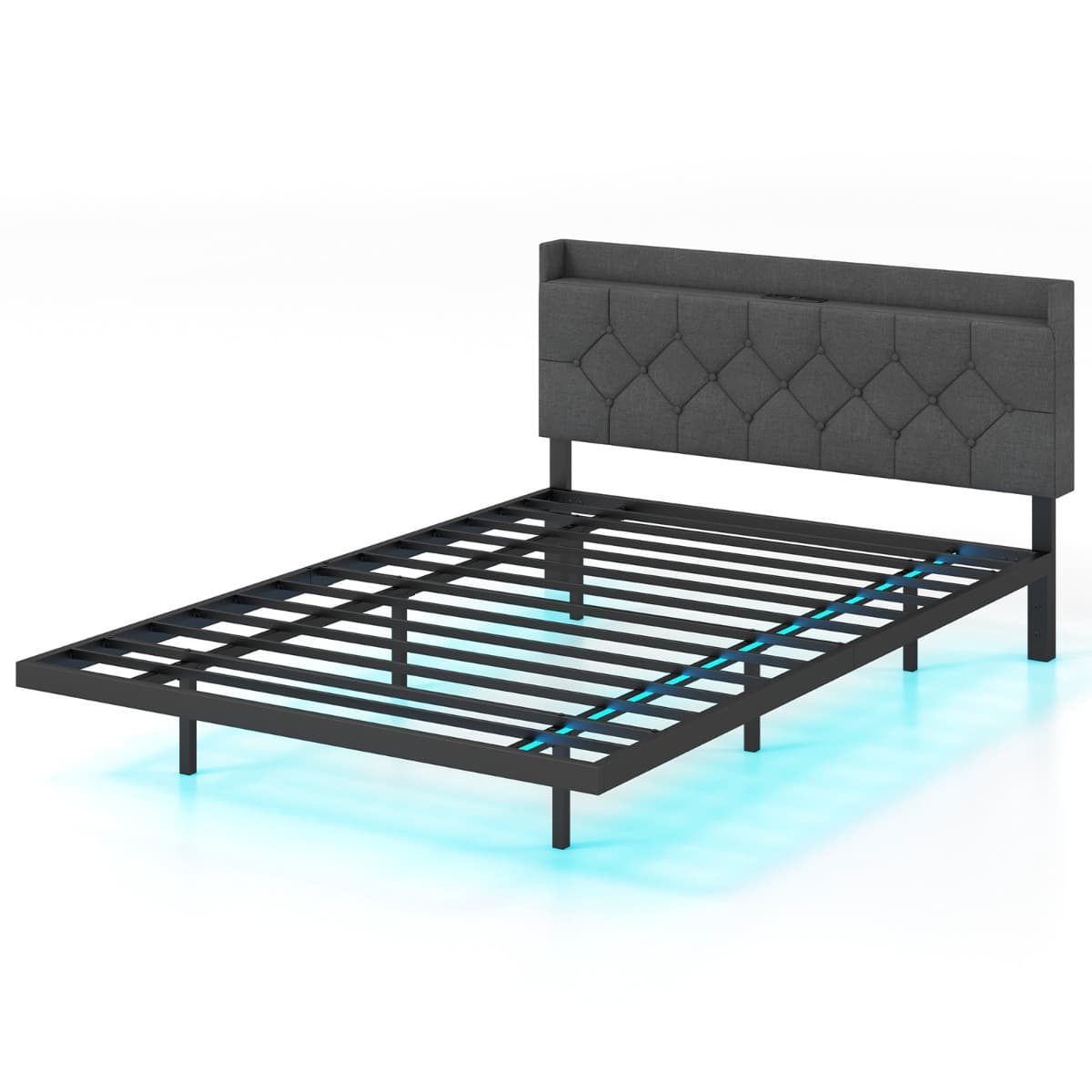 Cadre de Lit Flottant avec Lumières LED Lit Plateforme Moderne avec Tête de Lit Rembourrée Réglable