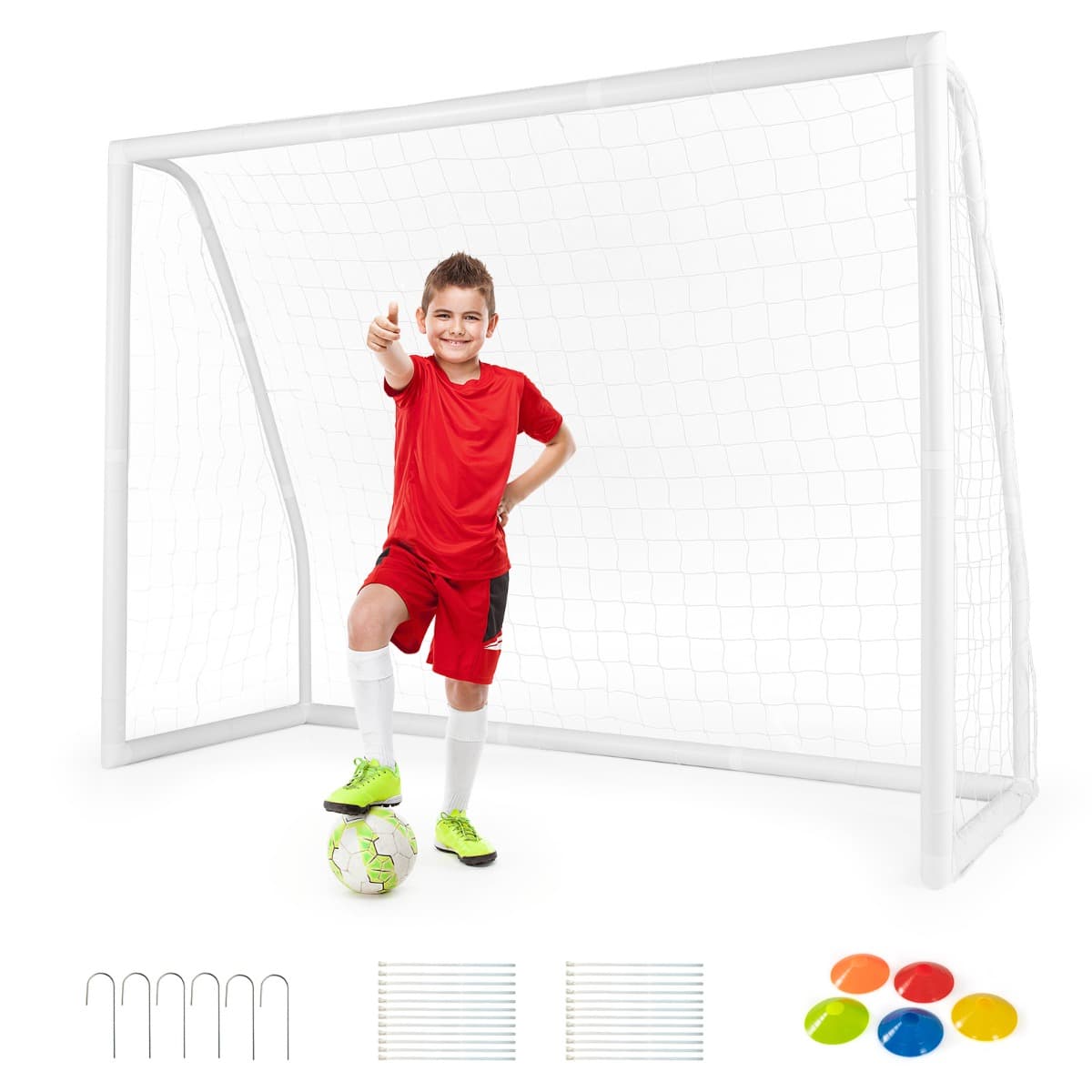 CostwayBut de Football Exterieur 245 x 182 cm Cage de Foot avec Filet Résistant aux Intempéries et Cadre UPVC Piquets de Sol et Cônes de Football